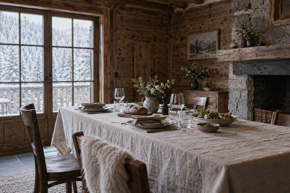 Table en lin dans un chalet en bois, cheminée de pierre et sapins enneigés derrière les fenêtres.
