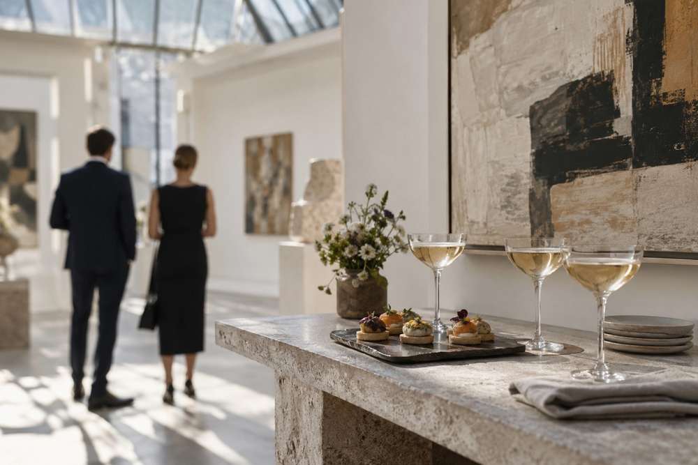 Bouchées et coupes de champagne dans une galerie, avec deux invités de dos en arrière-plan flou.