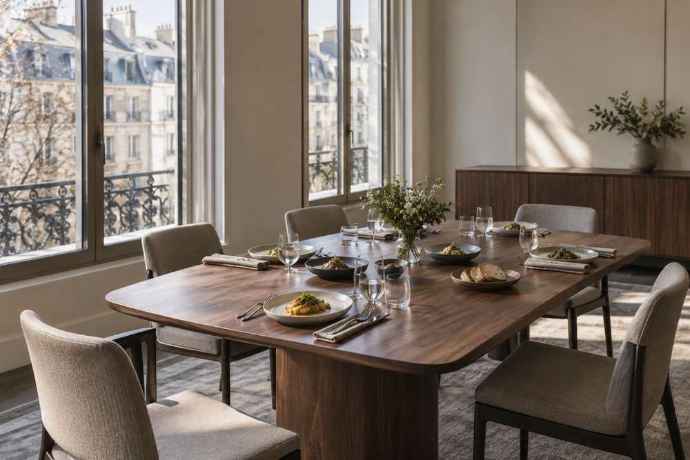 Table en noyer dressée pour un déjeuner dans un bureau parisien aux grandes fenêtres.
