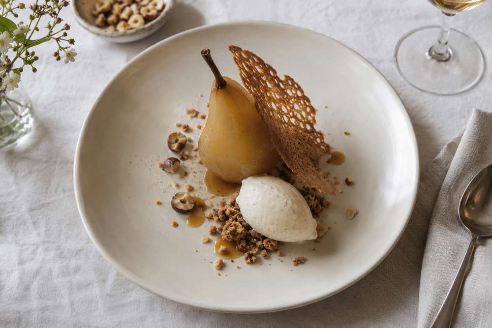 Poire pochée, tuile fine et crème vanillée sur une nappe de lin.