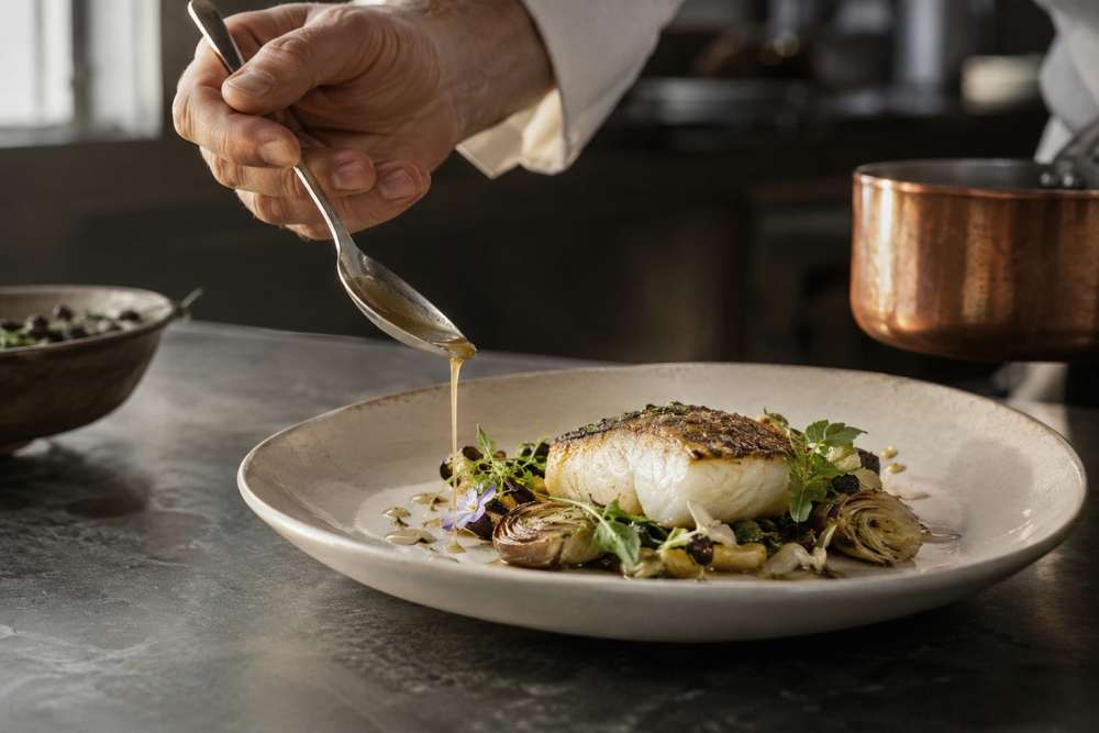 Main de chef versant un filet de sauce à la cuillère autour d’un poisson rôti.