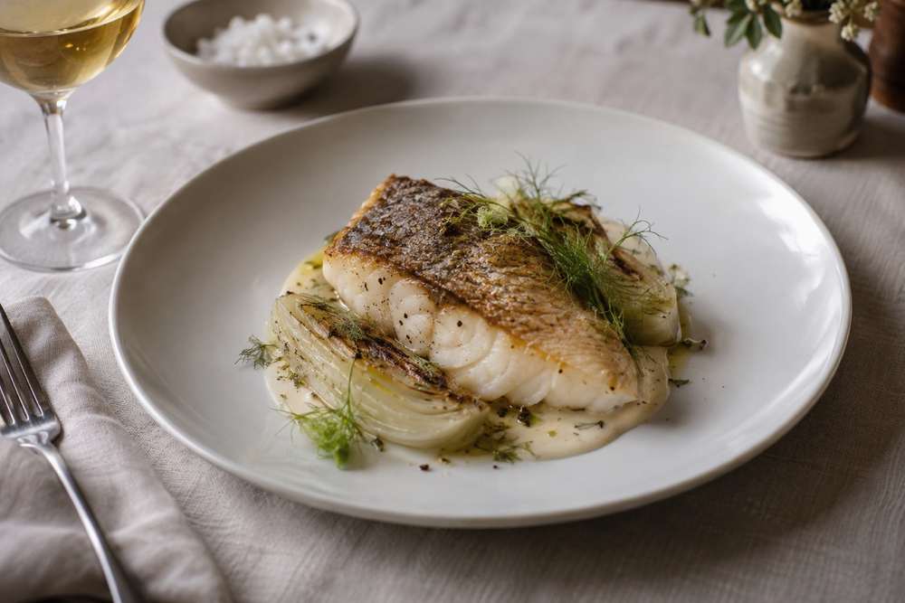 Filet de poisson rôti à la peau croustillante, fenouil et sauce claire sur une assiette blanche.
