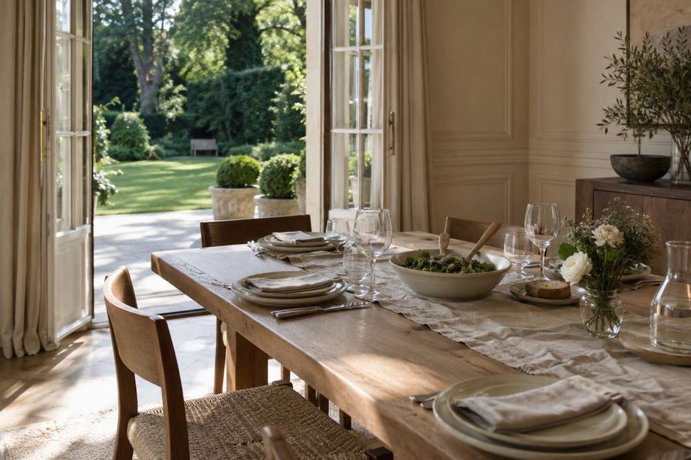 Ambiance imaginée de Neuilly : table dressée dans une salle à manger de maison, avec une porte-fenêtre ouverte sur le jardin.