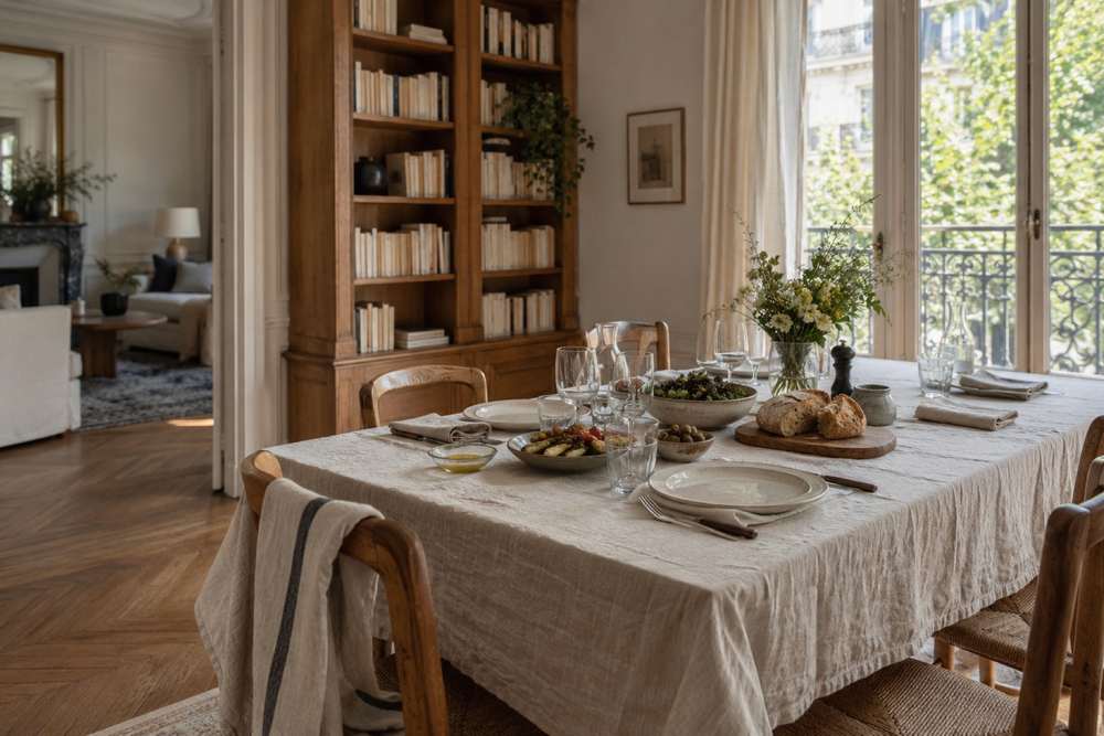 Ambiance imaginée de Passy : table dressée dans un grand appartement familial, parquet, bibliothèque et fenêtres sur les arbres.