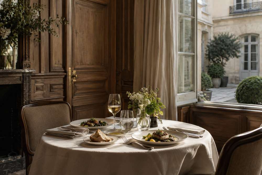 Ambiance imaginée du 7e : table dressée dans un salon d’hôtel particulier aux boiseries anciennes, avec une cour pavée visible par la fenêtre.
