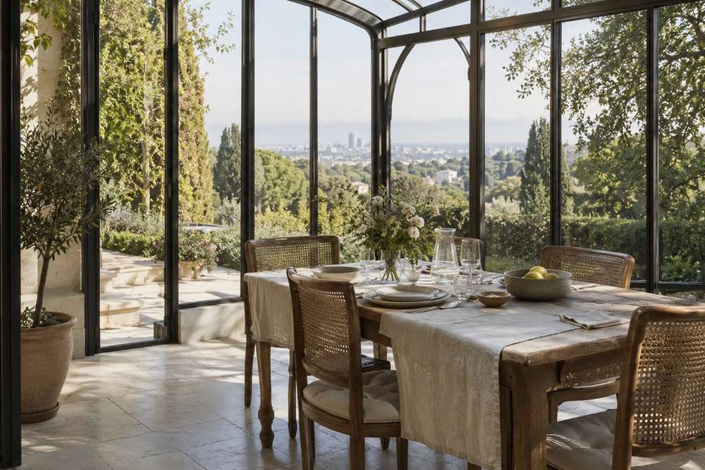 Ambiance imaginée de Saint-Cloud : table dressée dans la véranda d’une maison sur les coteaux, avec une vue lointaine sur Paris.